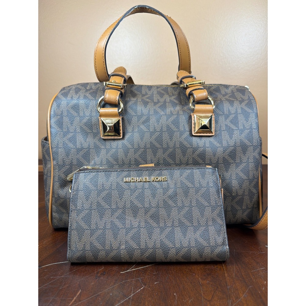 Michael Kors Signature Logo Satchel and Wallet Set Brown Tan Gold Hardware - Picture 15 of 15